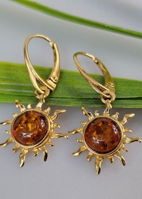 Auksiniai auskarai saulytės su gintaru 