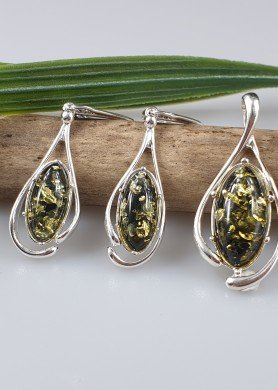 Žalio gintaro auskarai ir pakabukas