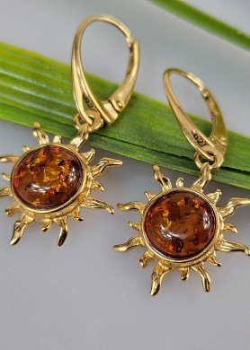 Auksiniai auskarai saulytės su gintaru 