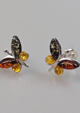 Sidabriniai auskarai vinukai su gintaru "Drugeliai"