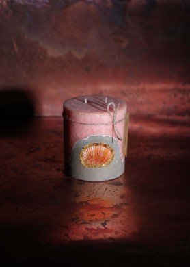 Oranžinė žvakė su jūrine kriaukle ir gintaru