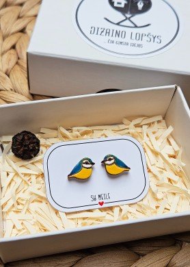 Mediniai rankų darbo auskarai ''Mėlynoji zylė''